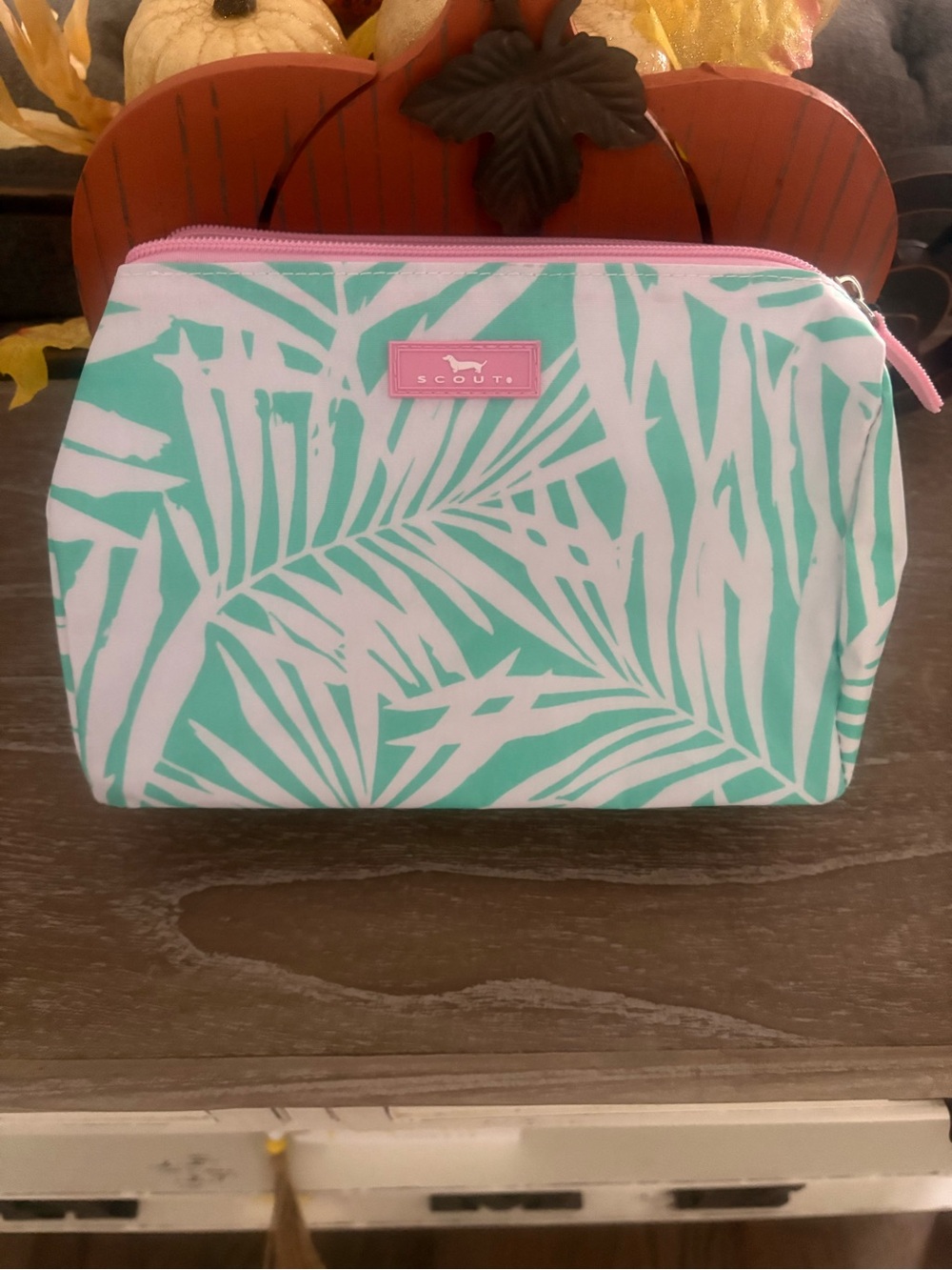 Scout Palm Leaf Cosmetic Pouch - Mint & Pink Accent
